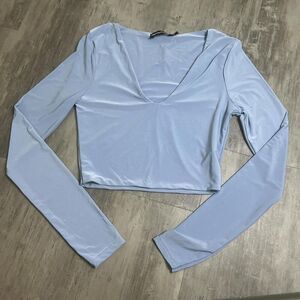 Prettylittlething Second Skin Long Sleeve Crop Top Blue Size 2 NWT